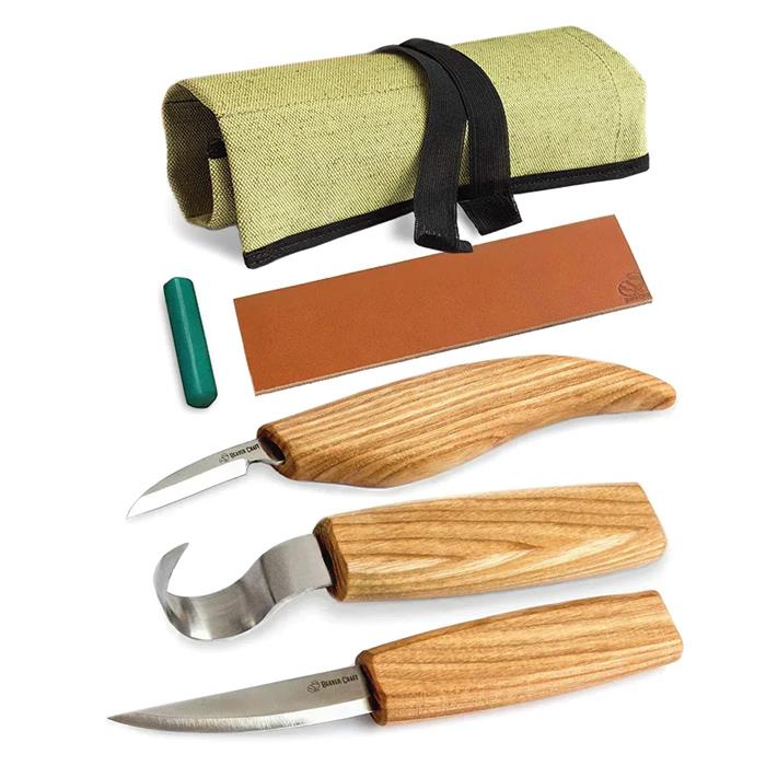 S13 Extended Spoon Carving Set (3 Knives In Roll + Accessories)