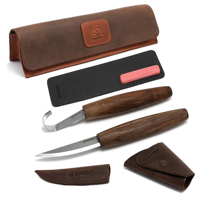 S01X BROWN Spoon Carving Tool Set (C4x + Sk5Rx + Honing Acc) In Genuine Leather Case