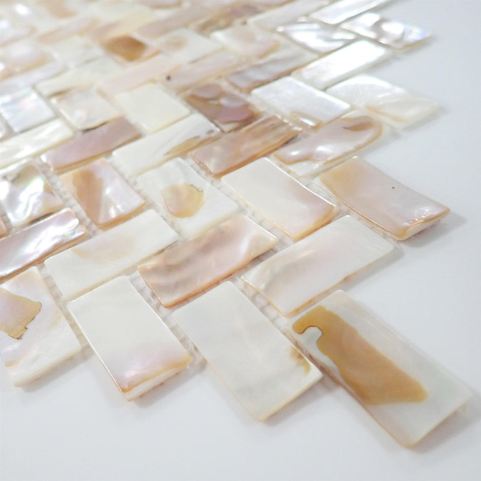 Natural Mother of Pearl Herringbone Mosaic Tiles - 270x287x2mm, Pack of 4, Mesh Backing