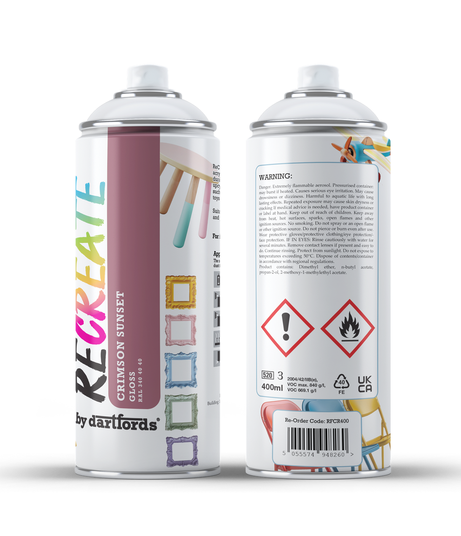 RECREATE Crimson Sunset Red Gloss Spray Paint for Wood, Metal, Plastic | Quick Drying, Smooth, Durable, Easy-to-Apply | Indoor / Outdoor | For Furniture, Craft, Doors, Ornaments, Pots, Frames