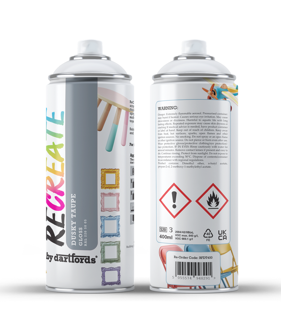 RECREATE Dusky Taupe Grey Gloss Spray Paint for Wood, Metal, Plastic | Quick Drying, Smooth, Durable, Easy-to-Apply | Suitable for Indoor / Outdoor | Furniture, Craft, Doors, Ornaments, Pots, Frames