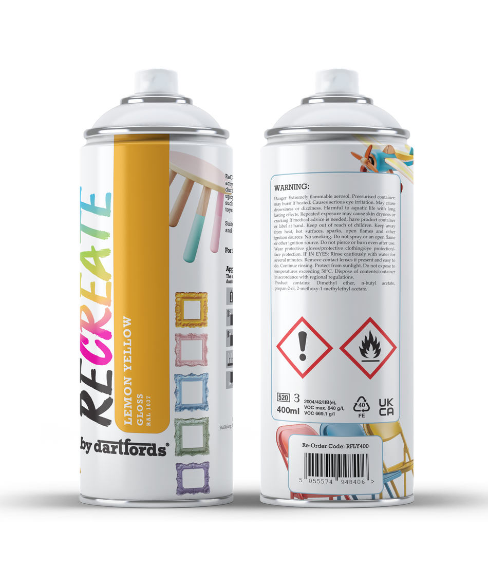 RECREATE Lemon Yellow Gloss Spray Paint for Wood, Metal, Plastic | Quick Drying, Smooth, Durable, Easy-to-Apply | Suitable for Indoor / Outdoor | For Furniture, Craft, Doors, Ornaments, Pots, Frames