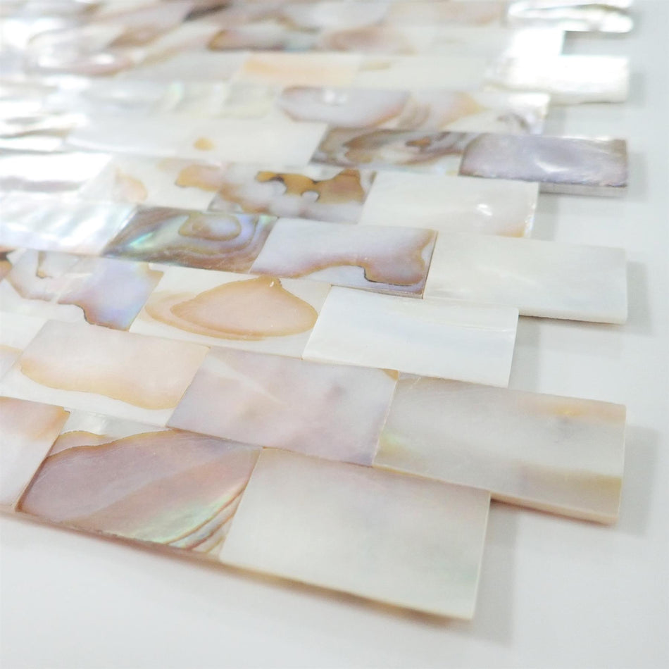 Natural Mother of Pearl Brick Gapless Mosaic Tiles - 288x300x2mm, Pack of 4, Mesh Backing