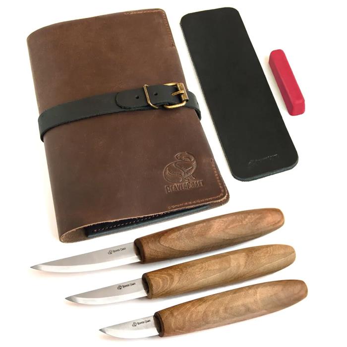 S19X Sloyd Knives Carving Set (C1x + C3x + C4x + Honing Acc) In Genuine Leather