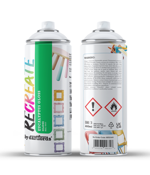 RECREATE Eucalyptus Green Gloss Spray Paint for Wood, Metal, Plastic | Quick Drying, Smooth, Durable, Easy-to-Apply | Suitable for Indoor / Outdoor | Furniture, Craft, Doors, Ornaments, Pots, Frames