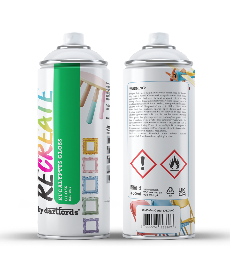 RECREATE Eucalyptus Green Gloss Spray Paint for Wood, Metal, Plastic | Quick Drying, Smooth, Durable, Easy-to-Apply | Suitable for Indoor / Outdoor | Furniture, Craft, Doors, Ornaments, Pots, Frames
