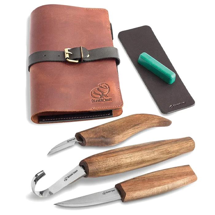 S13X Wood Carving Tool Set For Spoon Carving (C4x+C8x+Sk5x+ Honing Accs) In Genuine Leather