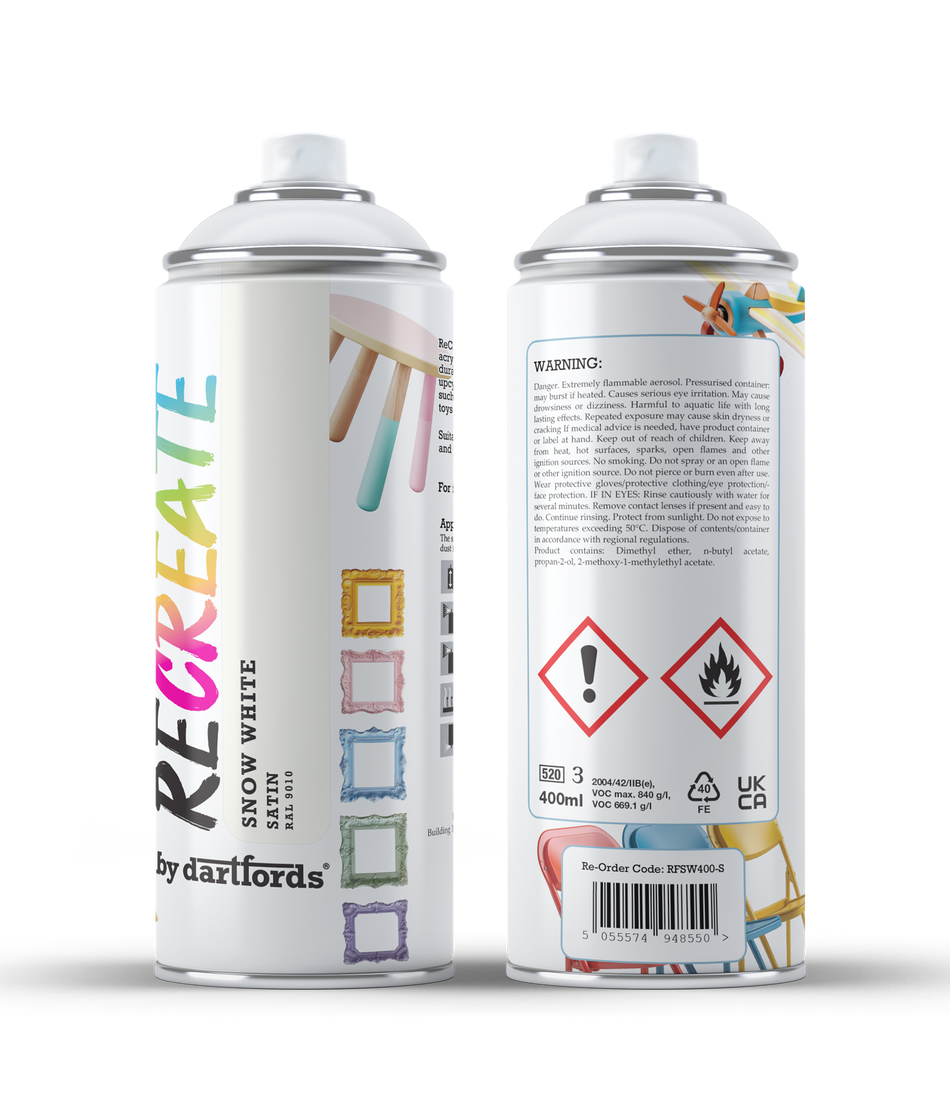 RECREATE Snow White Satin Spray Paint for Wood, Metal, Plastic | Quick Drying, Smooth, Durable, Easy-to-Apply | Suitable for Indoor / Outdoor | For Furniture, Craft, Doors, Ornaments, Pots, Frames