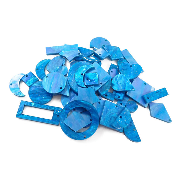 Cyan Glittering Pearl Acrylic Jewellery Making Shapes - 10-33mm, Set of 46, Mixed