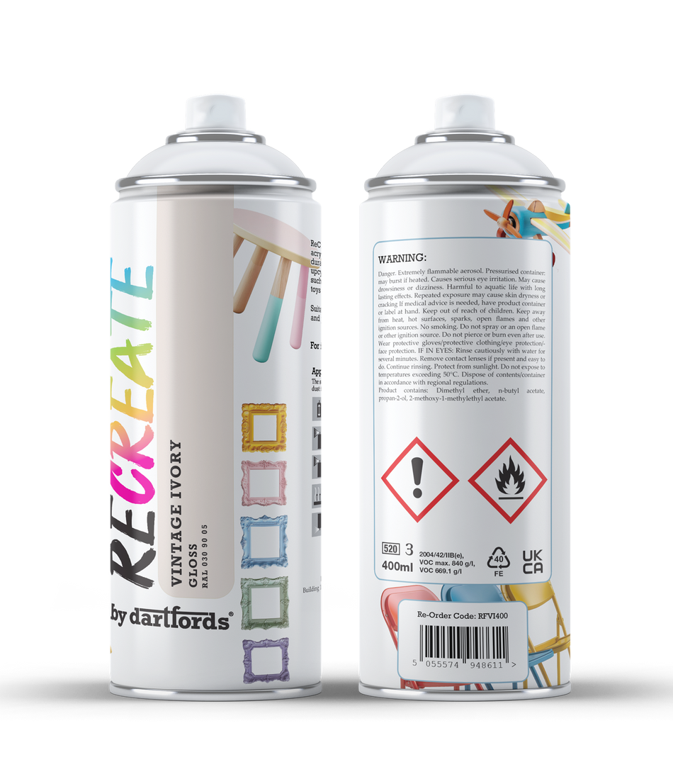 RECREATE Vintage Ivory White Gloss Spray Paint for Wood, Metal, Plastic | Quick Drying, Smooth, Durable, Easy-to-Apply | Indoor / Outdoor | For Furniture, Craft, Doors, Ornaments, Pots, Frames