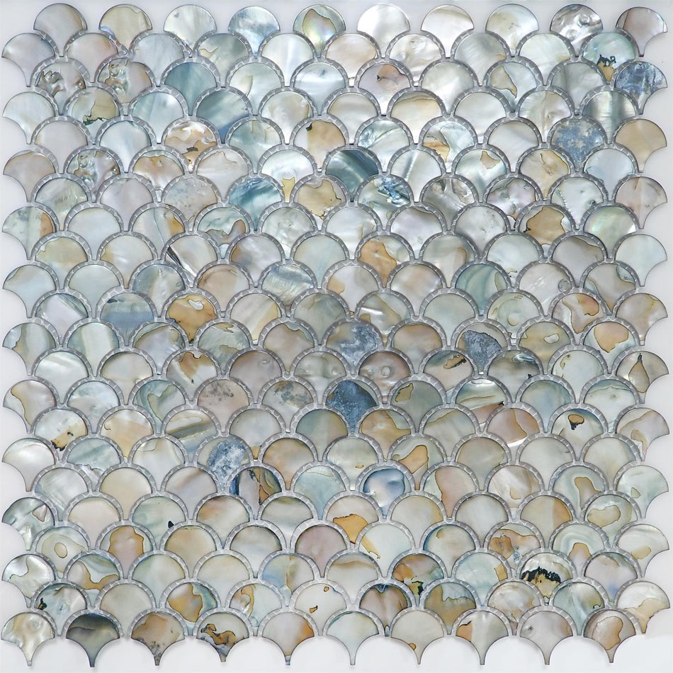 Grey Mother of Pearl Fan Mosaic Tile - 300x300mm, Mesh Backing