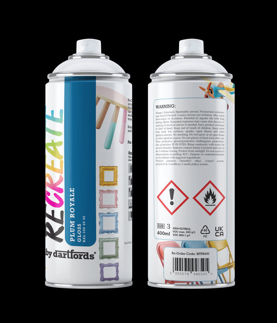 RECREATE Plum Royale Blue Gloss Spray Paint for Wood, Metal, Plastic | Quick Drying, Smooth, Durable, Easy-to-Apply | Suitable for Indoor / Outdoor | Furniture, Craft, Doors, Ornaments, Pots, Frames