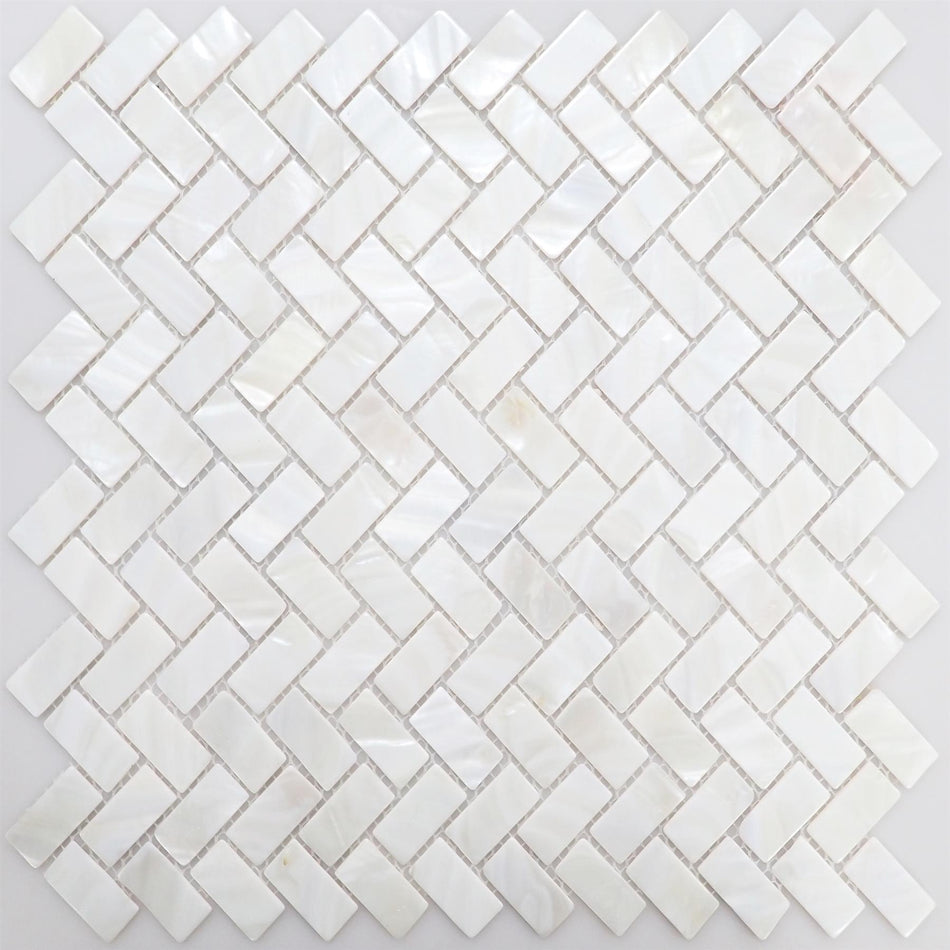 Pure White Mother of Pearl Herringbone Mosaic Tile - 270x287mm, Mesh Backing