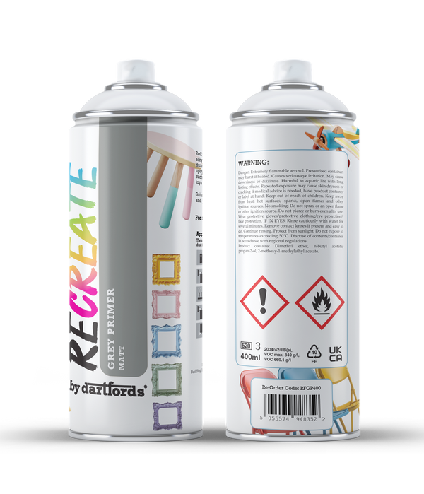 RECREATE Grey Spray Primer for Wood, Metal, Plastic | Quick Drying, Smooth, Durable, Easy-to-Apply, Multi-Surface Spray Primer | Suitable for Indoor / Outdoor | For Furniture, Craft, Doors, Pots, Frames