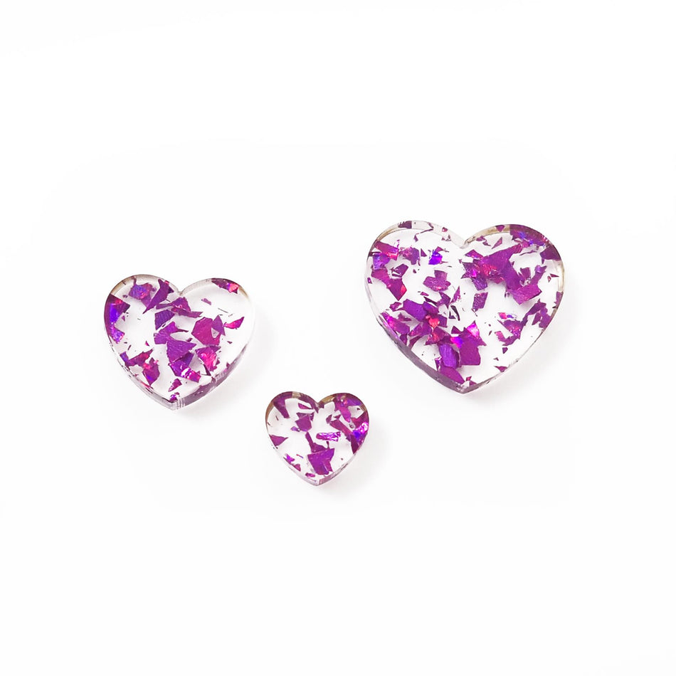 Chunky Glitter Purple Acrylic Jewellery Making Shapes - 10-20mm, Set of 24, Hearts