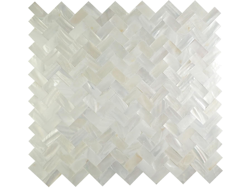 White Gapless Herringbone Mosaic Mother of Pearl Tiles - 278x300x2mm, 1.00 Sq. M, Pack of 12, Mesh Backing