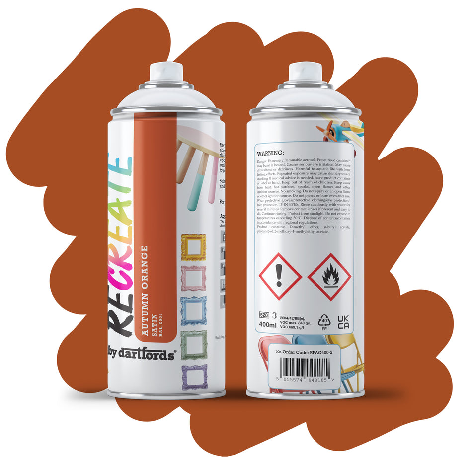 RECREATE Autumn Orange Satin Spray Paint for Wood, Metal, Plastic | Quick Drying, Smooth, Durable, Easy-to-Apply | Suitable for Indoor / Outdoor | For Furniture, Craft, Doors, Ornaments, Pots, Frames
