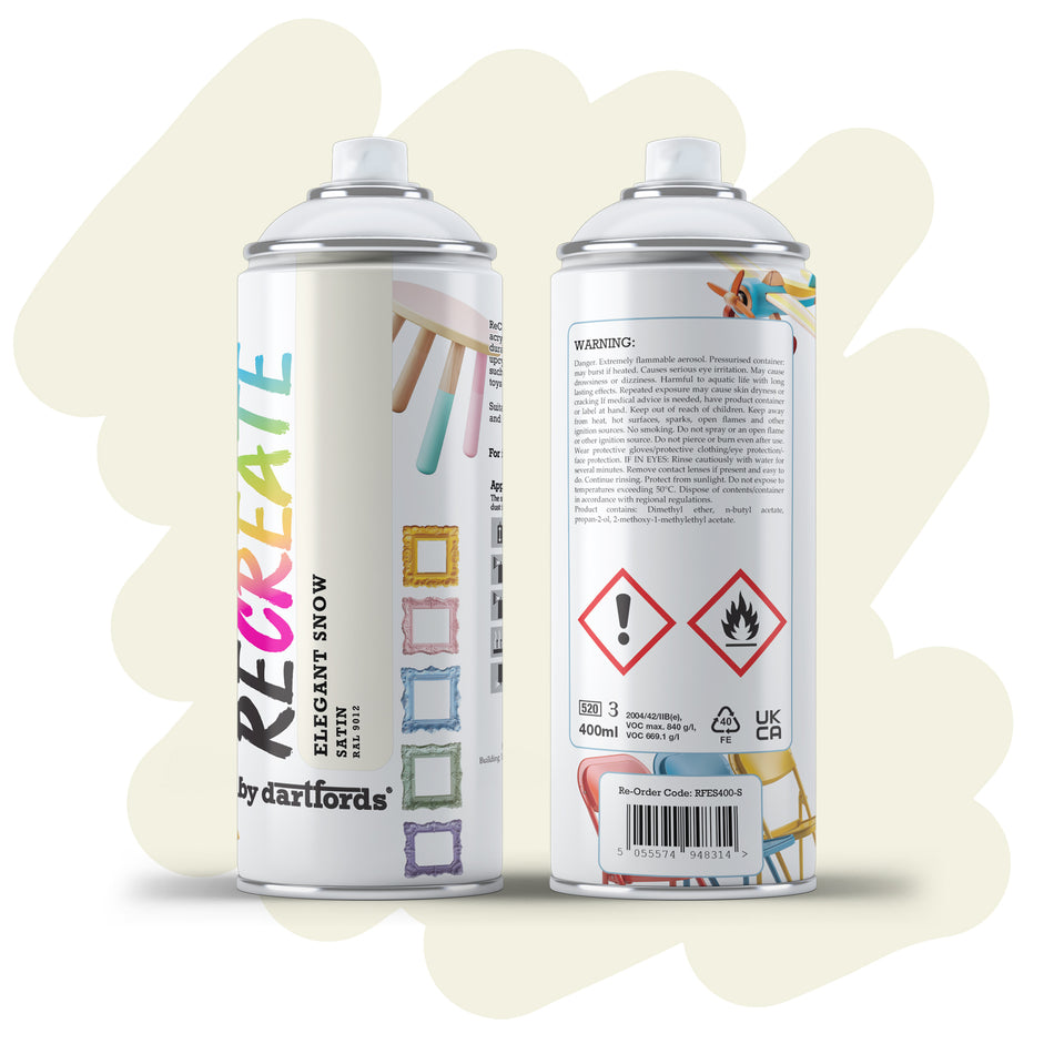 Recreate Elegant Snow White Satin Interior/Exterior Spray Paint For Wood, Metal and Plastic - 400ml Aerosol