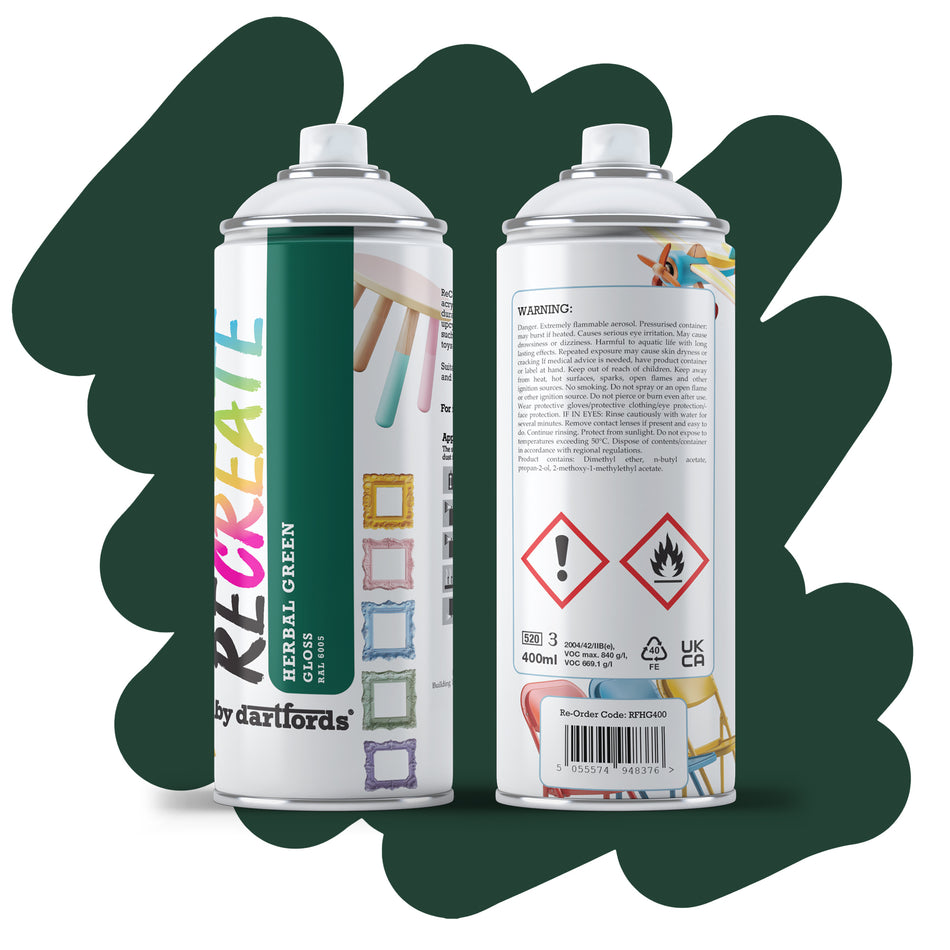 RECREATE Herbal Green Gloss Spray Paint for Wood, Metal, Plastic | Quick Drying, Smooth, Durable, Easy-to-Apply | Suitable for Indoor / Outdoor | For Furniture, Craft, Doors, Ornaments, Pots, Frames