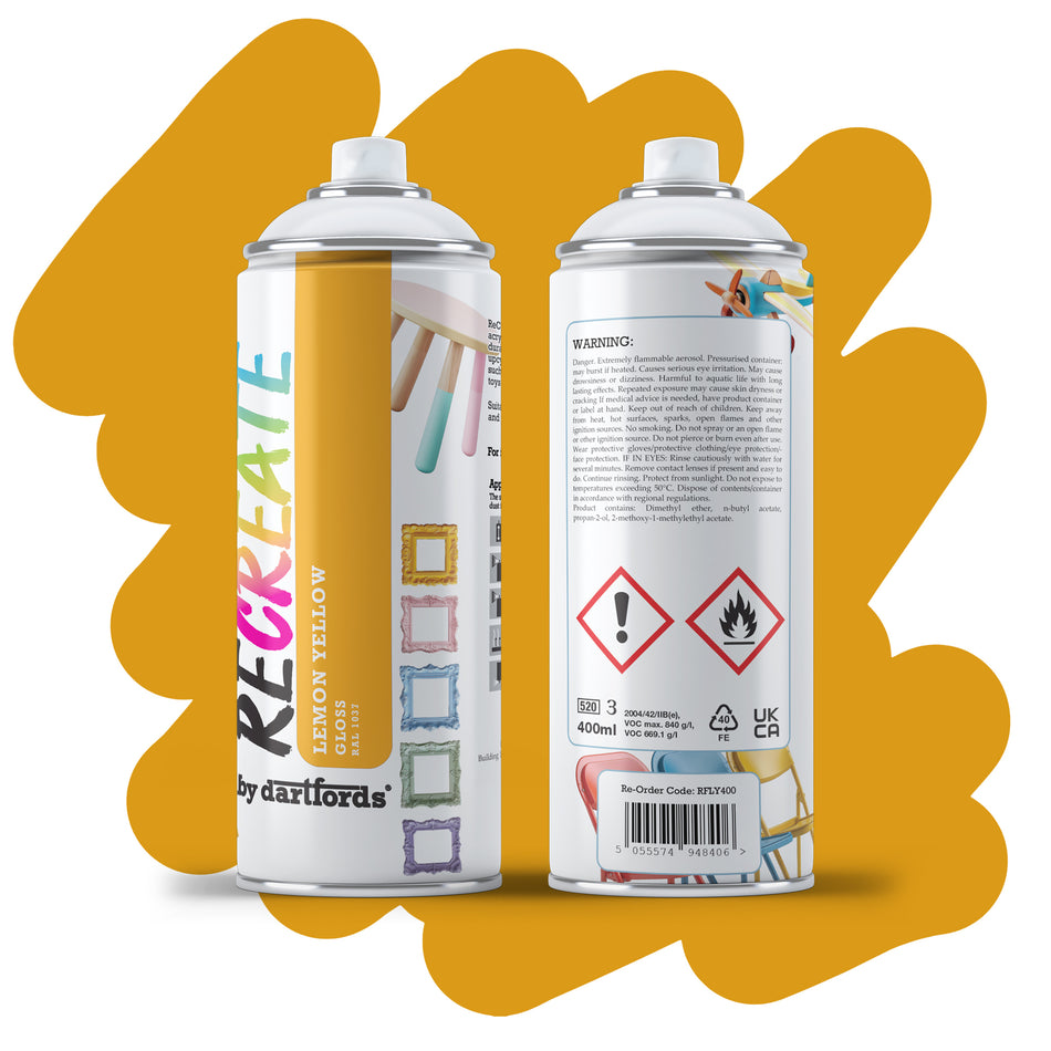 RECREATE Lemon Yellow Gloss Spray Paint for Wood, Metal, Plastic | Quick Drying, Smooth, Durable, Easy-to-Apply | Suitable for Indoor / Outdoor | For Furniture, Craft, Doors, Ornaments, Pots, Frames