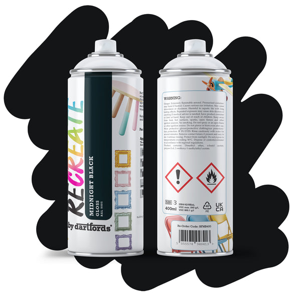 RECREATE Midnight Black Gloss Spray Paint for Wood, Metal, Plastic | Quick Drying, Smooth, Durable, Easy-to-Apply | Suitable for Indoor / Outdoor | For Furniture, Craft, Doors, Ornaments, Pots, Frames