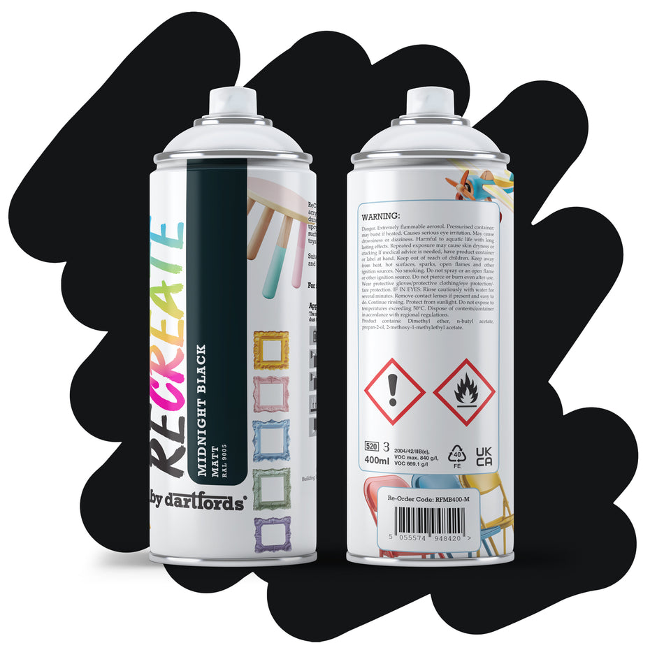 Recreate Midnight Black Matt Interior/Exterior Spray Paint For Wood, Metal and Plastic - 400ml Aerosol