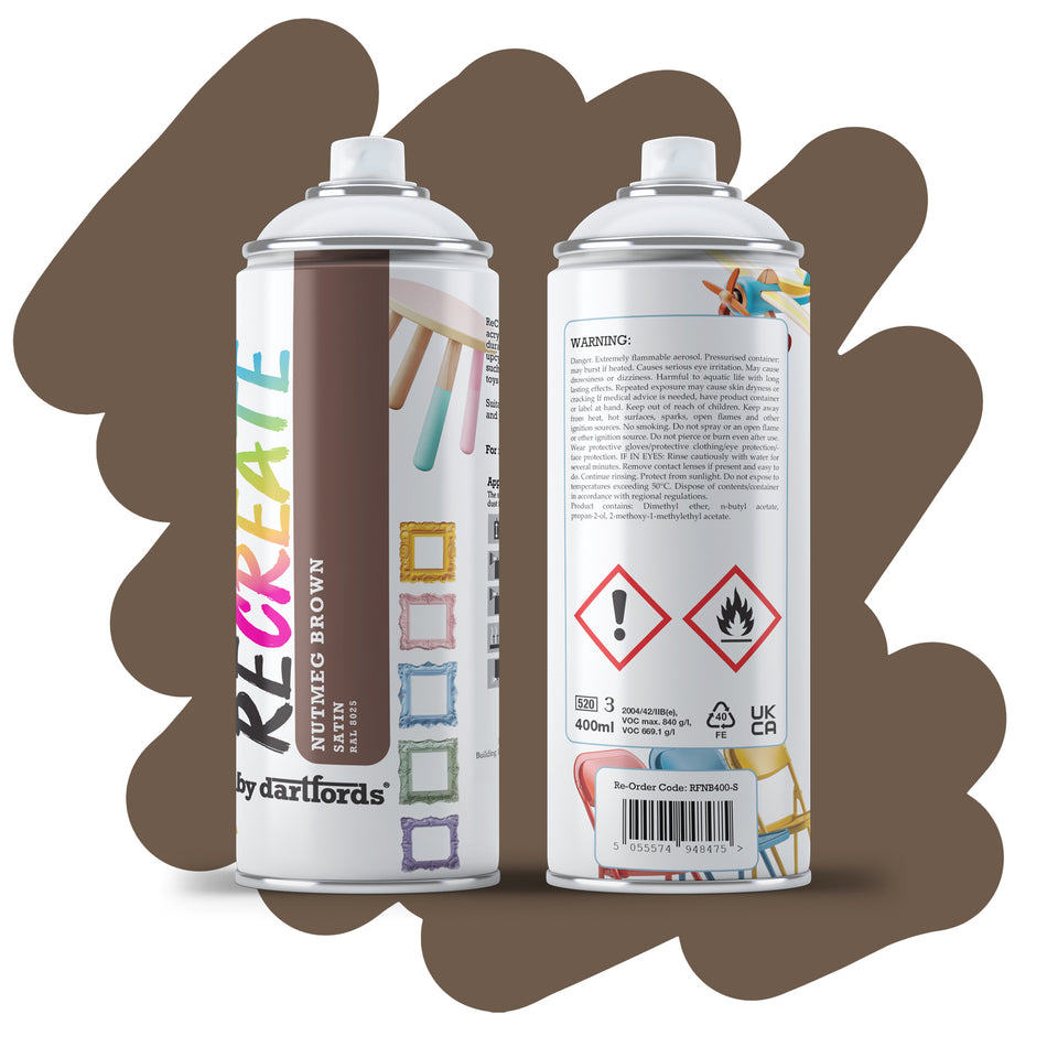 RECREATE Nutmeg Brown Satin Spray Paint for Wood, Metal, Plastic | Quick Drying, Smooth, Durable, Easy-to-Apply | Suitable for Indoor / Outdoor | For Furniture, Craft, Doors, Ornaments, Pots, Frames
