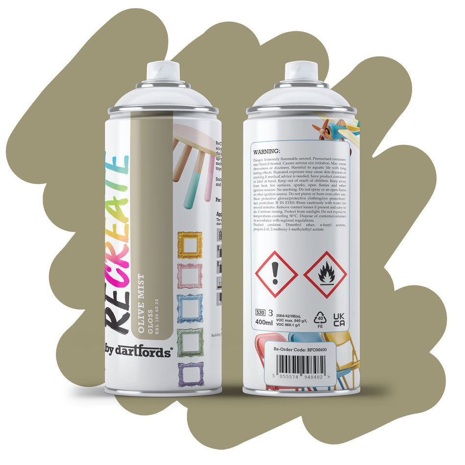 RECREATE Olive Mist Green Gloss Spray Paint for Wood, Metal, Plastic | Quick Drying, Smooth, Durable, Easy-to-Apply | Suitable for Indoor / Outdoor | Furniture, Craft, Doors, Ornaments, Pots, Frames