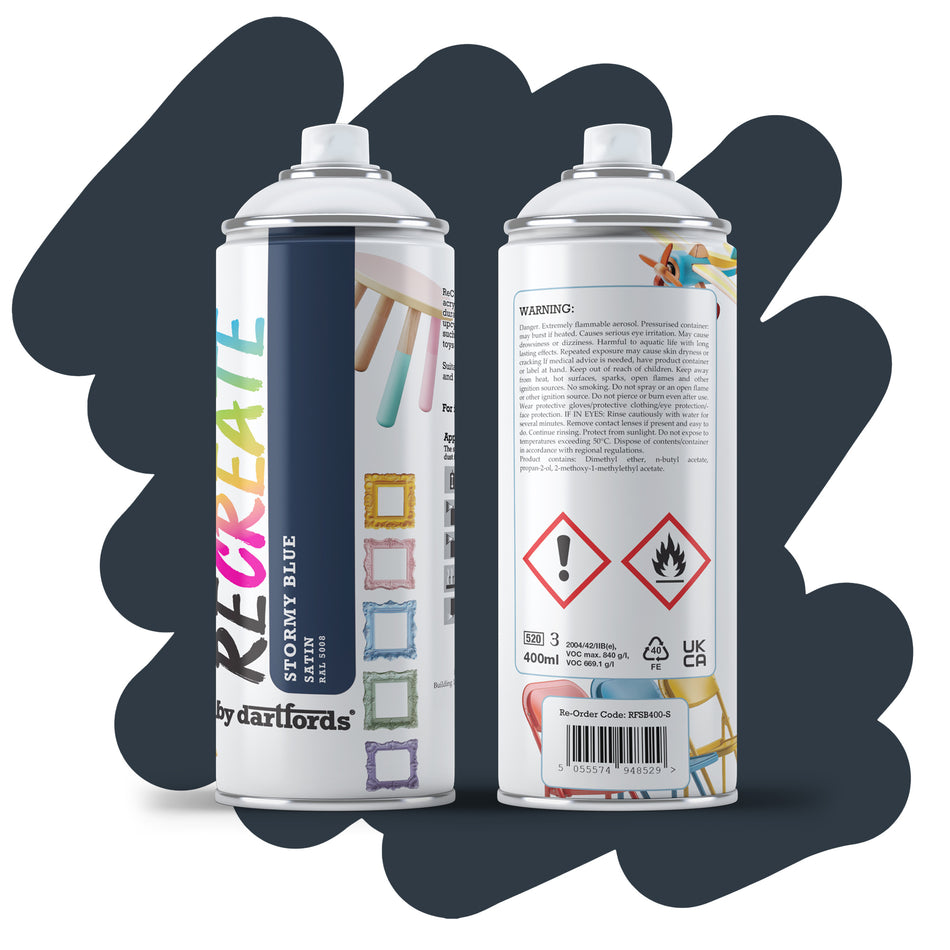 RECREATE Stormy Blue Satin Spray Paint for Wood, Metal, Plastic | Quick Drying, Smooth, Durable, Easy-to-Apply | Suitable for Indoor / Outdoor | For Furniture, Craft, Doors, Ornaments, Pots, Frames
