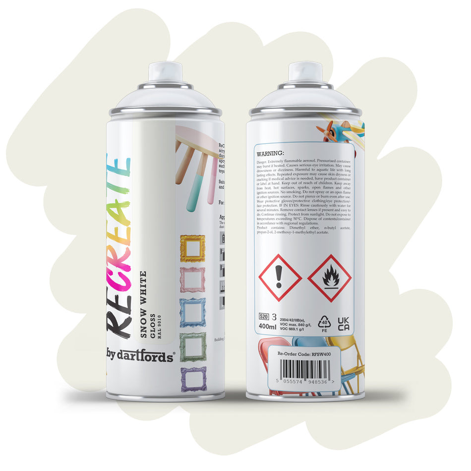 RECREATE Snow White Gloss Spray Paint for Wood, Metal, Plastic | Quick Drying, Smooth, Durable, Easy-to-Apply | Suitable for Indoor / Outdoor | For Furniture, Craft, Doors, Ornaments, Pots, Frames