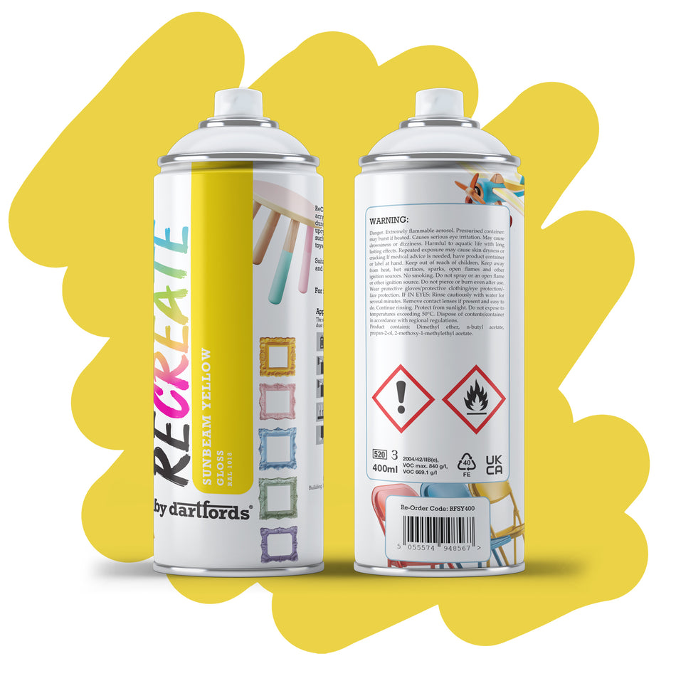 RECREATE Sunbeam Yellow Gloss Spray Paint for Wood, Metal, Plastic | Quick Drying, Smooth, Durable, Easy-to-Apply | Suitable for Indoor / Outdoor | For Furniture, Craft, Doors, Ornaments, Pots, Frames
