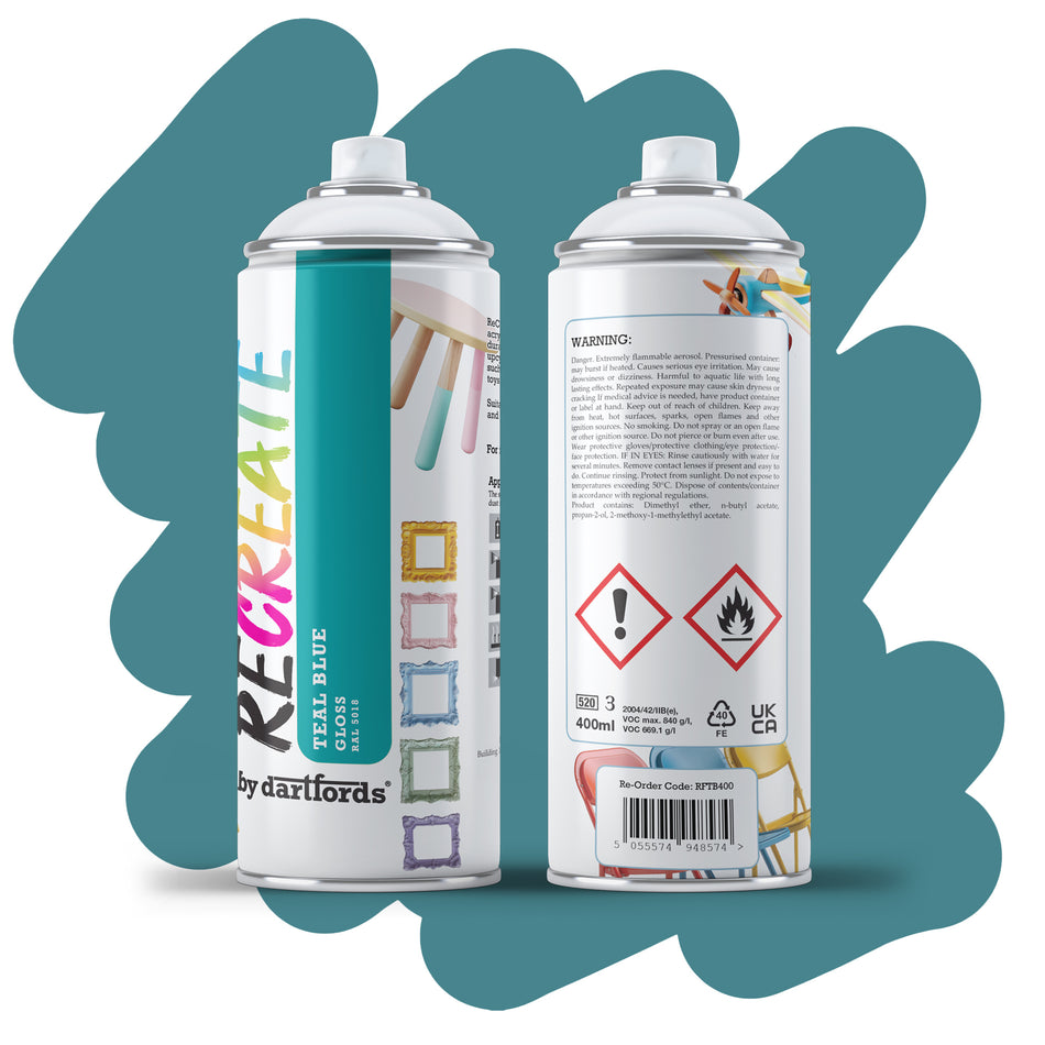RECREATE Teal Blue Gloss Spray Paint for Wood, Metal, Plastic | Quick Drying, Smooth, Durable, Easy-to-Apply | Suitable for Indoor / Outdoor | For Furniture, Craft, Doors, Ornaments, Pots, Frames