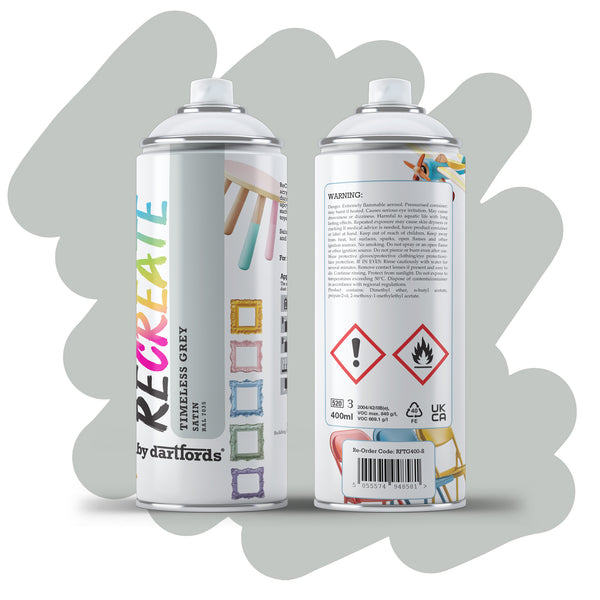 RECREATE Timeless Grey Satin Spray Paint for Wood, Metal, Plastic | Quick Drying, Smooth, Durable, Easy-to-Apply | Suitable for Indoor / Outdoor | For Furniture, Craft, Doors, Ornaments, Pots, Frames