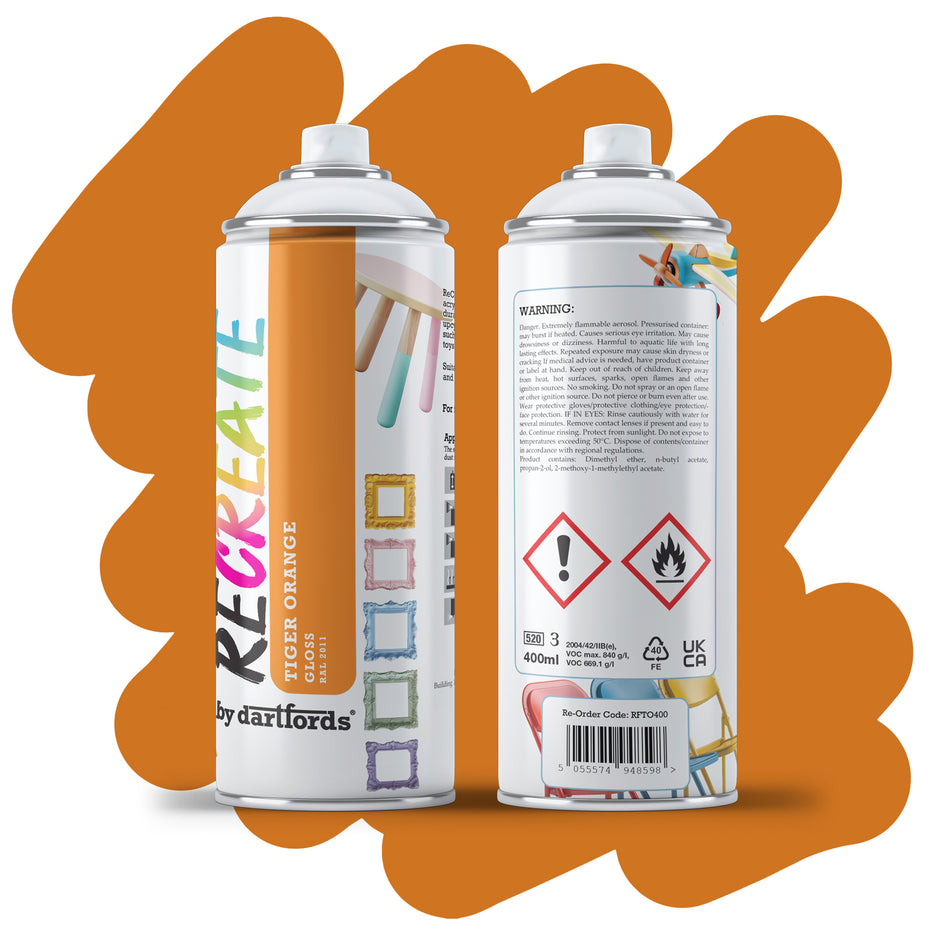 RECREATE Tiger Orange Gloss Spray Paint for Wood, Metal, Plastic | Quick Drying, Smooth, Durable, Easy-to-Apply | Suitable for Indoor / Outdoor | For Furniture, Craft, Doors, Ornaments, Pots, Frames