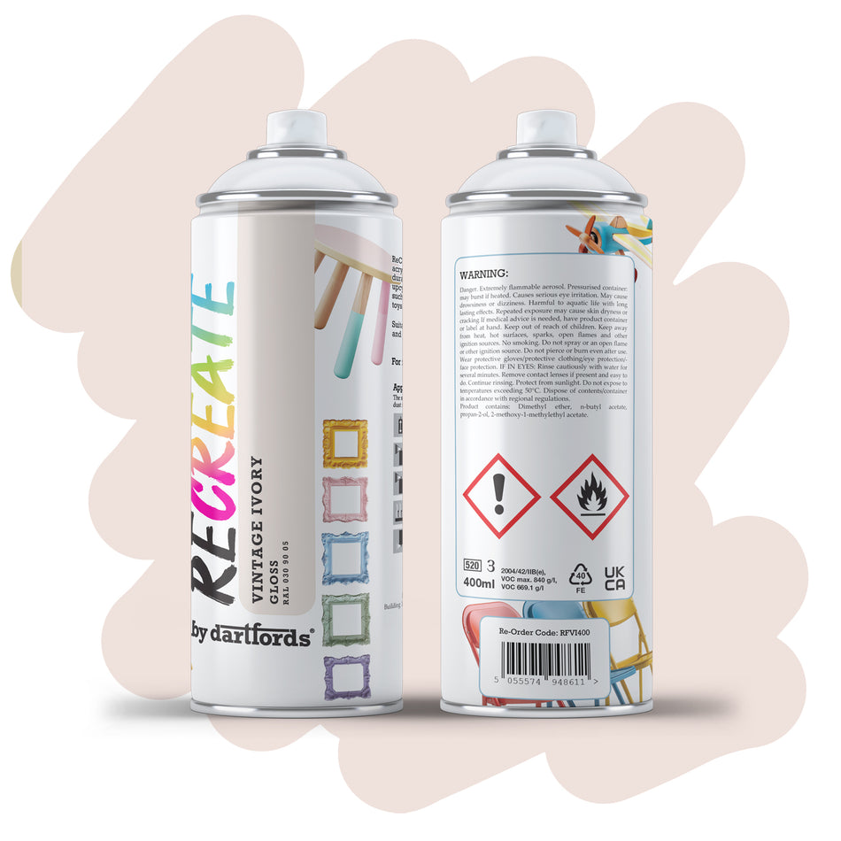 RECREATE Vintage Ivory White Gloss Spray Paint for Wood, Metal, Plastic | Quick Drying, Smooth, Durable, Easy-to-Apply | Indoor / Outdoor | For Furniture, Craft, Doors, Ornaments, Pots, Frames