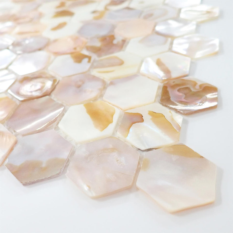 Natural Mother of Pearl Hexagon Mosaic Tiles - 285x295x2mm, Pack of 4, Mesh Backing