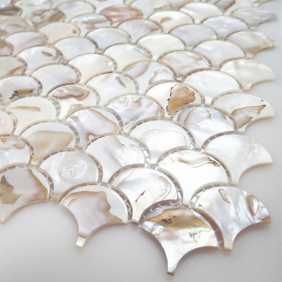Natural Mother of Pearl Fan Mosaic Tiles - 300x300x2mm, Pack of 4, Mesh Backing