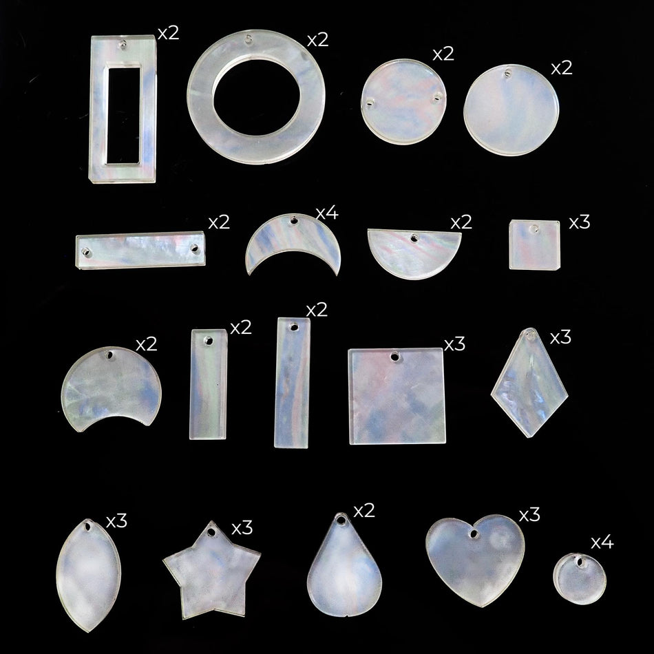 Mother of Pearl Laminated Acrylic Jewellery Making Shapes - 10-33mm, Set of 46, Mixed