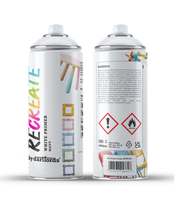 RECREATE White Spray Primer for Wood, Metal, Plastic | Quick Drying, Smooth, Durable, Easy-to-Apply, Multi-Surface Spray Primer | Suitable for Indoor / Outdoor | For Furniture, Craft, Doors, Pots, Frames