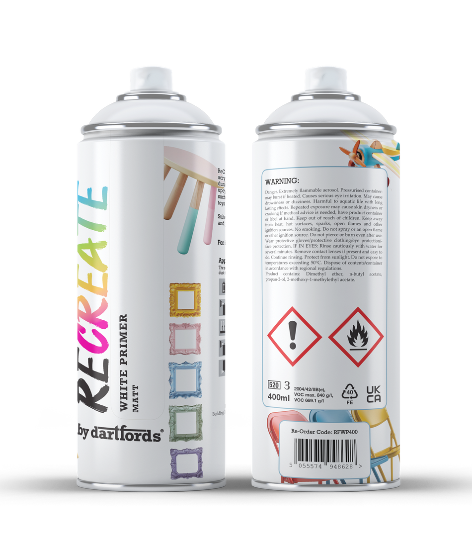 RECREATE White Spray Primer for Wood, Metal, Plastic | Quick Drying, Smooth, Durable, Easy-to-Apply, Multi-Surface Spray Primer | Suitable for Indoor / Outdoor | For Furniture, Craft, Doors, Pots, Frames