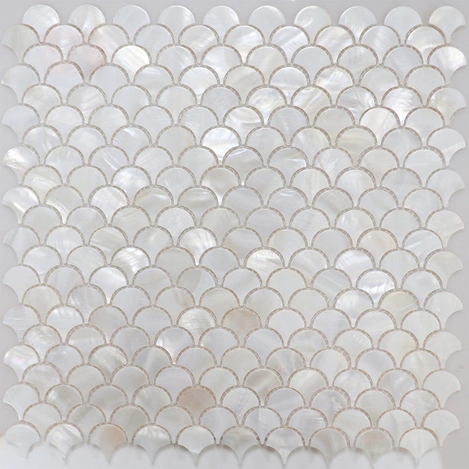 Pure White Mother of Pearl Fan Mosaic Tile - 300x300mm, Mesh Backing
