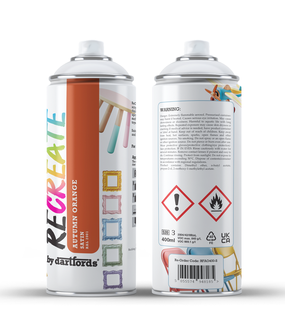 RECREATE Autumn Orange Satin Spray Paint for Wood, Metal, Plastic | Quick Drying, Smooth, Durable, Easy-to-Apply | Suitable for Indoor / Outdoor | For Furniture, Craft, Doors, Ornaments, Pots, Frames