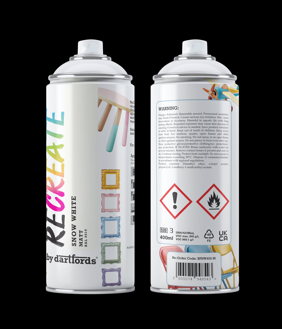 Recreate Snow White Matt Interior/Exterior Spray Paint For Wood, Metal and Plastic - 400ml Aerosol