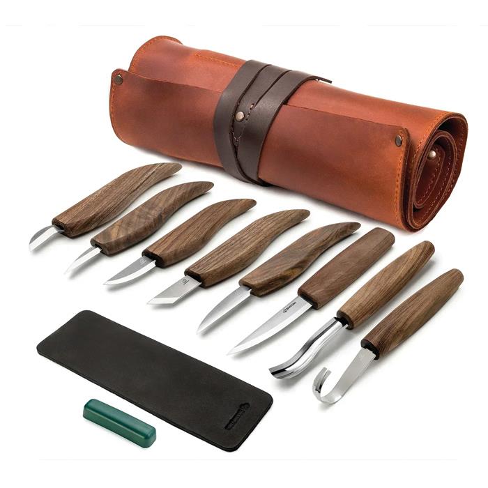 S18X Extended Wood Carving Set (8 Tools with Walnut Handles) In Genuine Leather Roll