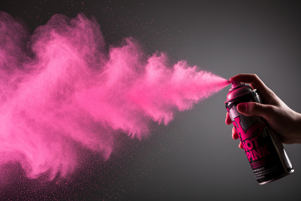 Create an image of an aerosol spray paint spraying high pigmented pink colour aesthetically