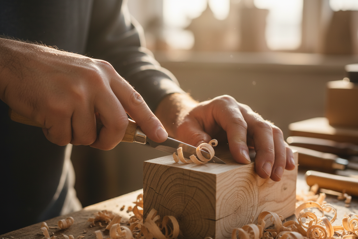 Create an inspirational image of someone carving using unbranded knives 