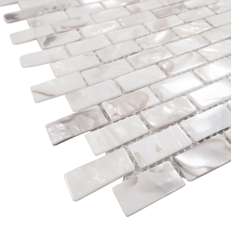 White Mother of Pearl Brick Mosaic Tiles - 285x300x2mm, Pack of 4, Mesh Backing