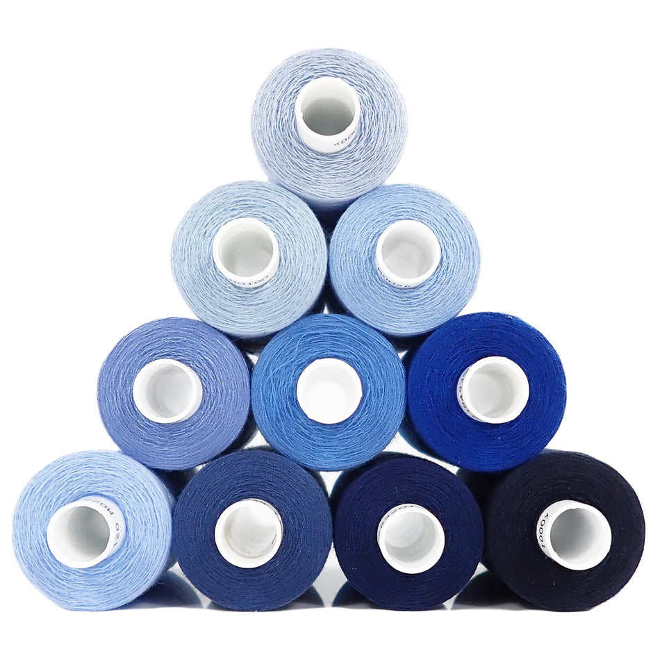 Assorted Blues Spun Polyester Sewing Thread - 1000M, Set of 10