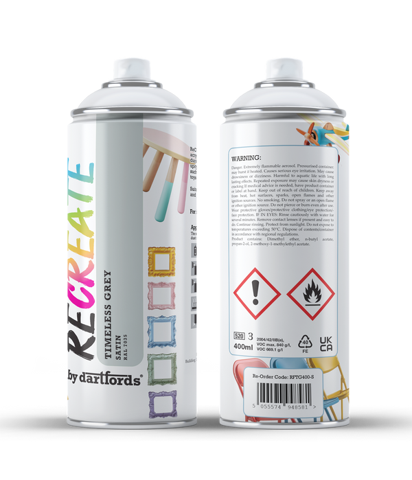 RECREATE Timeless Grey Satin Spray Paint for Wood, Metal, Plastic | Quick Drying, Smooth, Durable, Easy-to-Apply | Suitable for Indoor / Outdoor | For Furniture, Craft, Doors, Ornaments, Pots, Frames