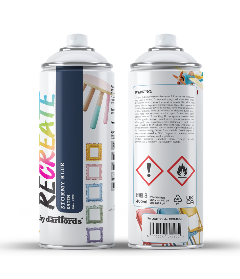 RECREATE Stormy Blue Satin Spray Paint for Wood, Metal, Plastic | Quick Drying, Smooth, Durable, Easy-to-Apply | Suitable for Indoor / Outdoor | For Furniture, Craft, Doors, Ornaments, Pots, Frames